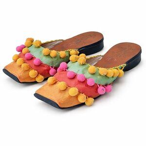 Vintage Goody Goody Womens Mules Sz 6 Colorful Silk Pom Pom Shoes Square Toe